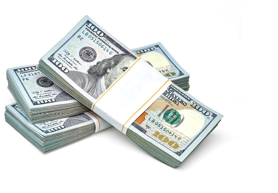New design US Dollar bills bundles stack on white background including clipping path 