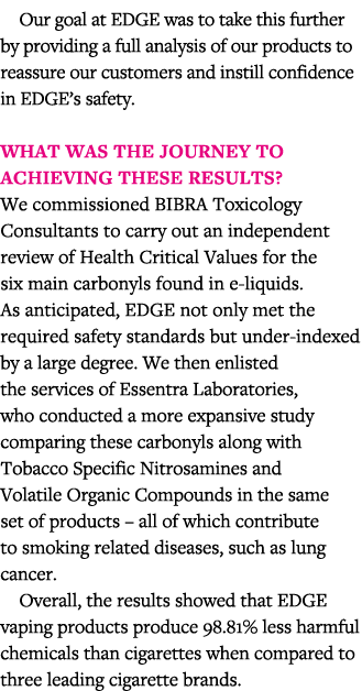 Our goal at EDGE was to take this further by providing a full analysis of our products to reassure our customers and    