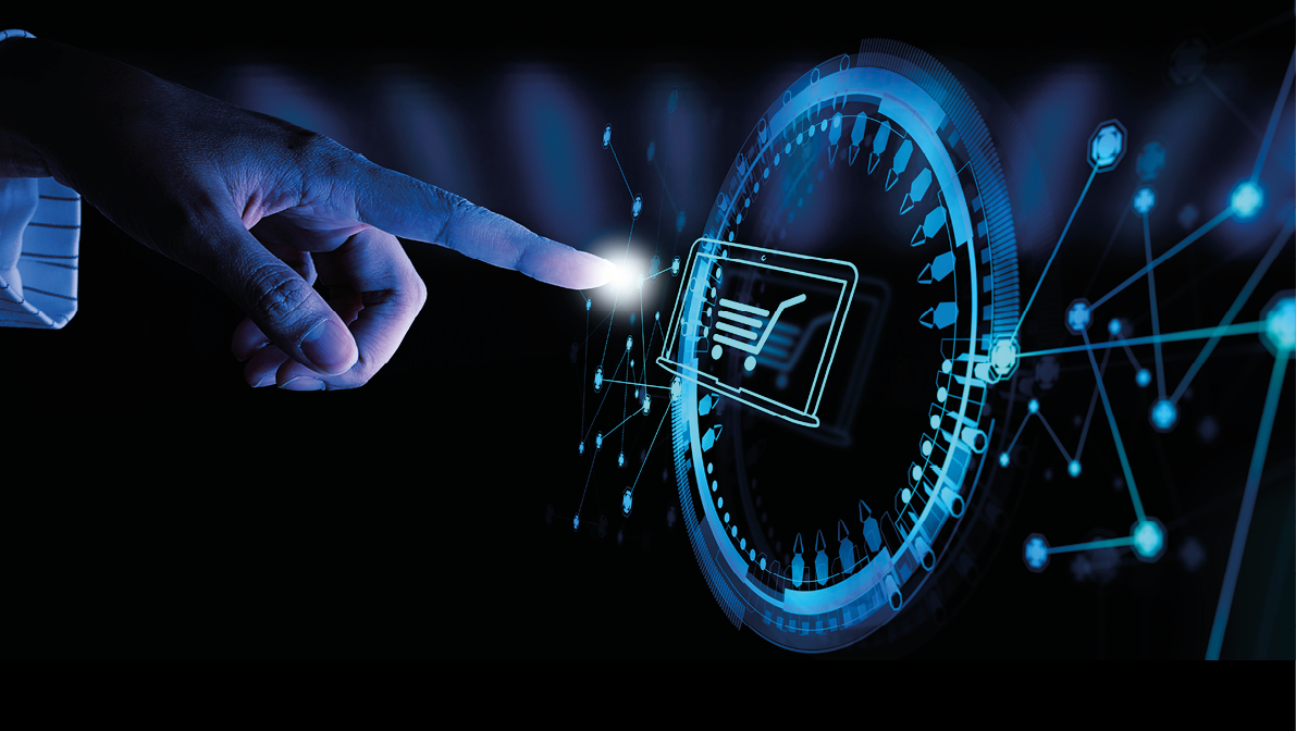 Hand pushing virtual symbol of online shopping with modern UI computer and smart phone 