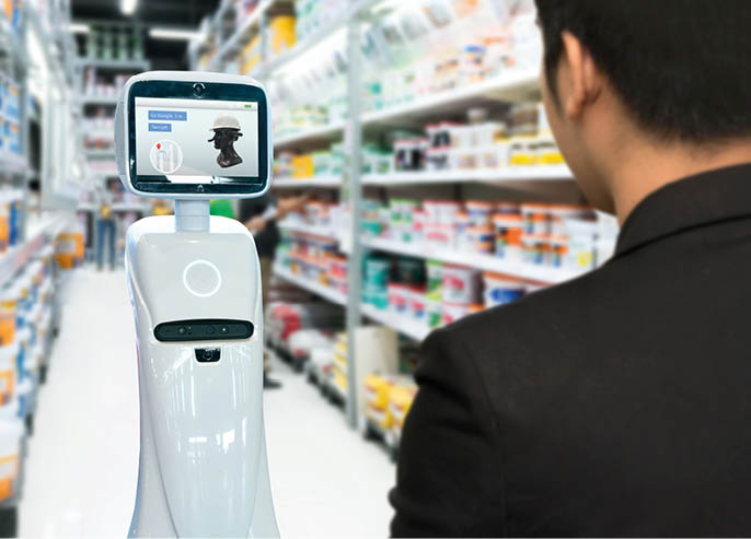Robotics Trends technology , smart retail business concept  Autonomous personal assistant robot for navigation customer to search items in construction mall 