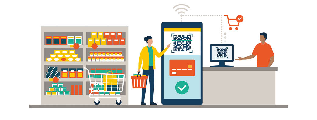 Woman doing grocery shopping and using her smartphone for mobile payment at the checkout