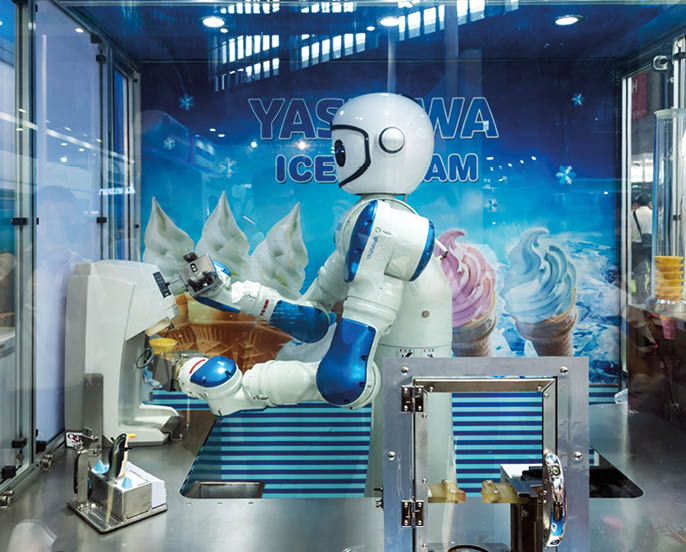 Shanghai, China - JULY 05 : YASAWA Robot assistant or adviser serves ice-cream in CIROS 2017  JULY 05 2017 in Shanghai, China 