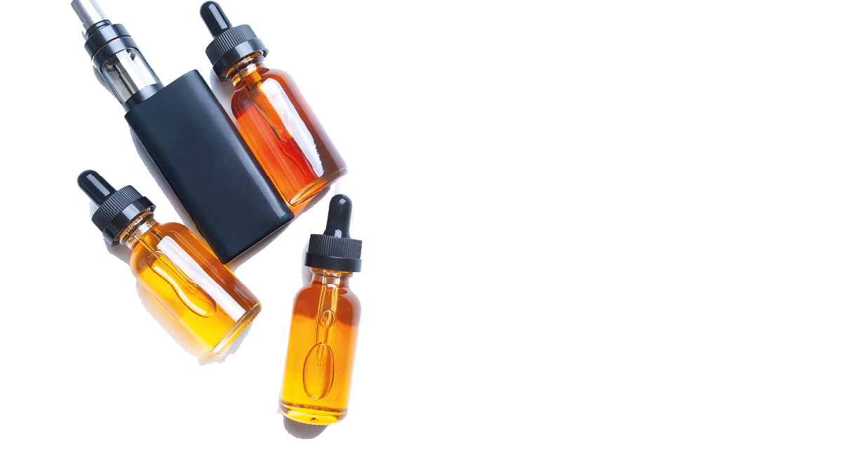 Electronic cigarette and liquids on white table  Place for inscription  VAPE smoking  The concept of vaping  Gadgets of vaper  Vaping shop 