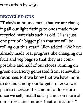 zero carbon by 2050  Recycled CDs  Today s announcement that we are changing all our light fittings to ones made from   