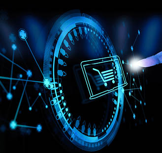 Hand pushing virtual symbol of online shopping with modern UI computer and smart phone 