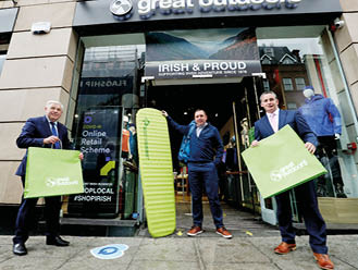 20 08 2020 NO REPRO FEE, MAXWELLS DUBLIN Minister Damien English launches new  5 5m Covid-19 Online Retail Scheme Pic shows ( l to r ) Stephen Creaner, Executive Director, Enterprise Ireland, Derek Moody, Owner and Director, Great Outdoors and Minister of State for Business, Employment and Retail, Damien English TD Grants of up to  40k will be available to retailers through a new  5 5 million Covid-19 Online Retail Scheme administered by Enterprise Ireland  The scheme was launched by Minister Damien English TD at Great Outdoors in Dublin which received an Online Retail grant in a previous round - hillwalking, watersports and camping products are the company s top online sellers  PIC: NO FEE, MAXWELLS