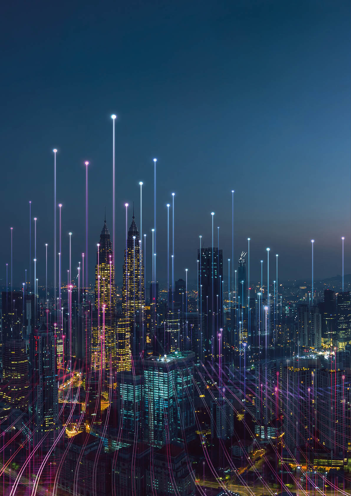 Smart city and abstract dot point connect with gradient line and aesthetic Intricate wave line design , big data connection technology concept  