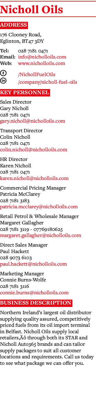 Nicholl Oils Address 176 Clooney Road, Eglinton, BT47 3DY Tel: 028 7181 0471 Email: info nicholloils com Web: www nic   
