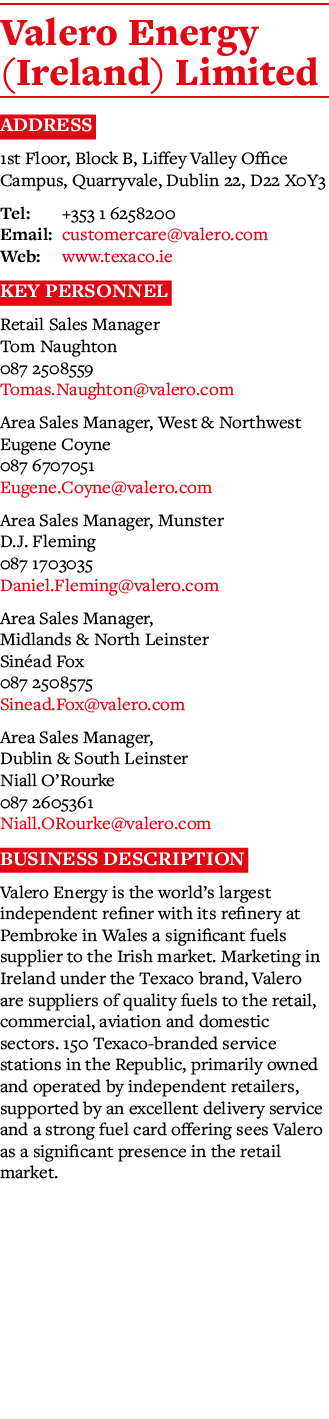 Valero Energy (Ireland) Limited Address 1st Floor, Block B, Liffey Valley Office Campus, Quarryvale, Dublin 22, D22 X   