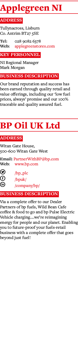 Applegreen NI Address Tullynacross, Lisburn Co  Antrim BT27 5SE Tel: 028 9082 6378 Web: applegreenstores com Key Pers   