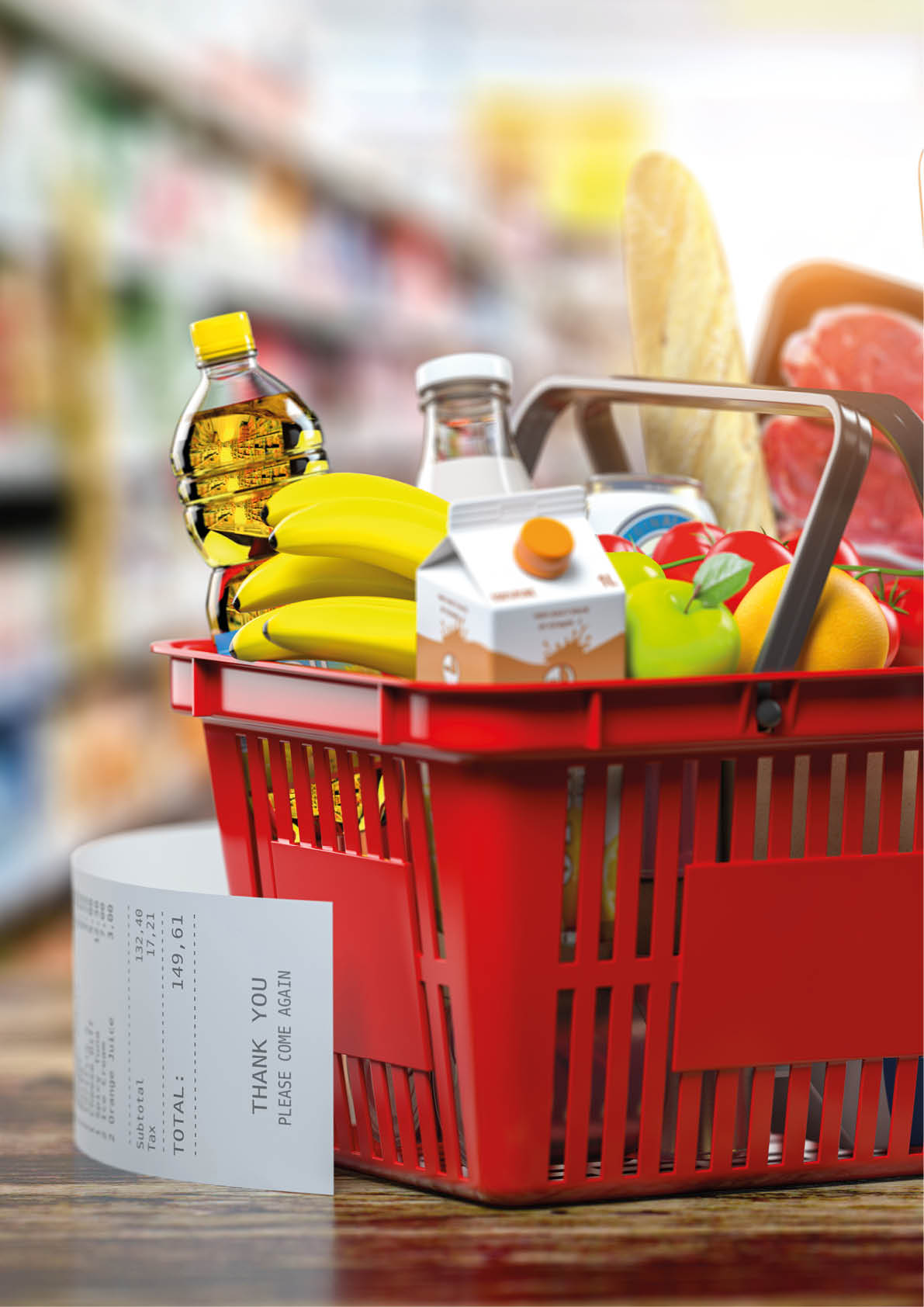 Shopping basket with fresh food and smartphone  Grocery supermarket, food and eats online buying and delivery concept  3d illustration