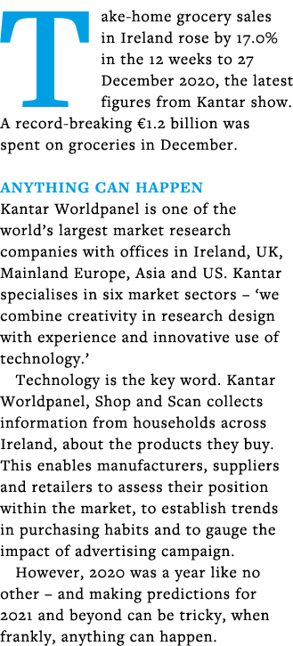Take-home grocery sales in Ireland rose by 17 0% in the 12 weeks to 27 December 2020, the latest figures from Kantar    