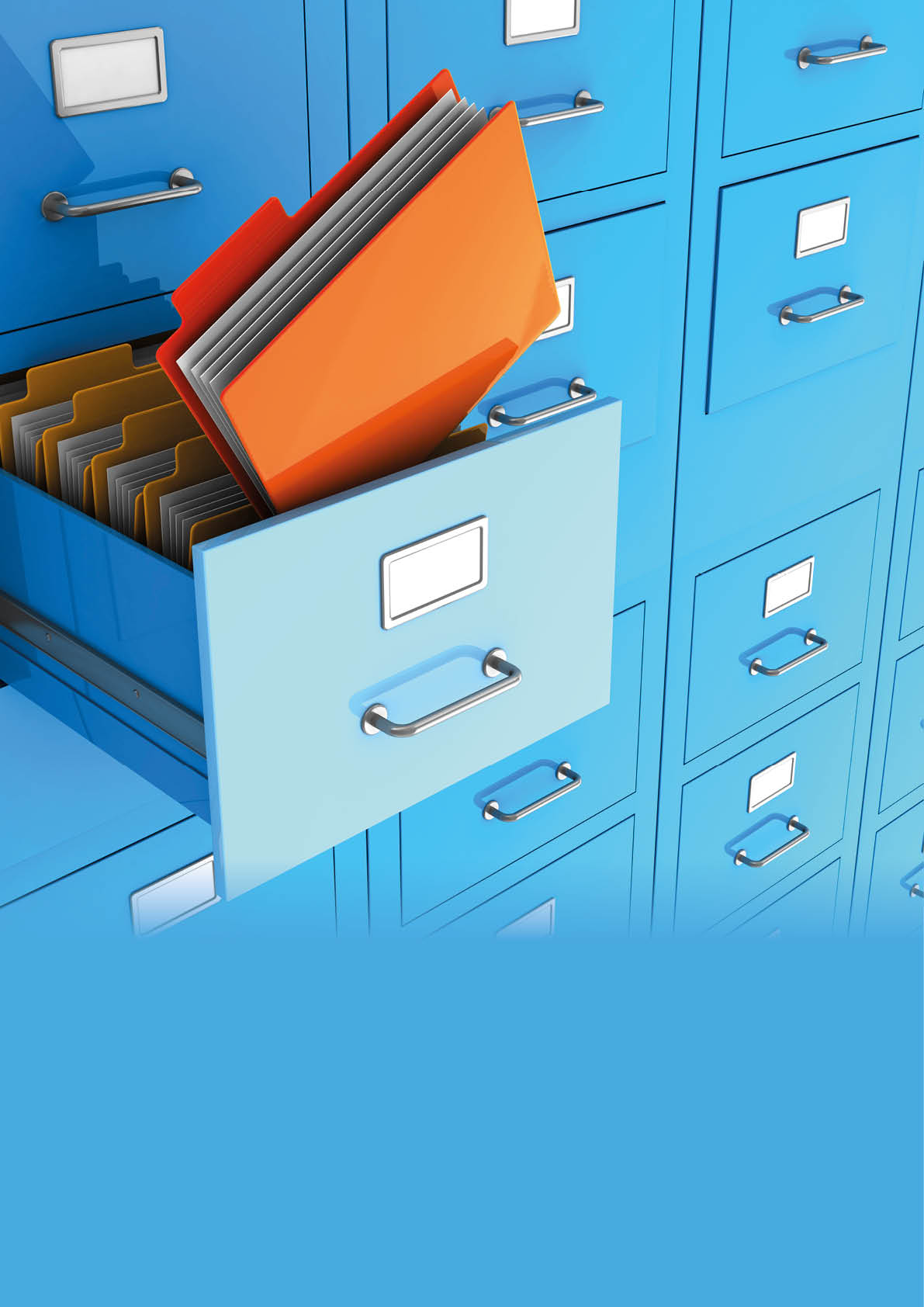 Blue office wall of files with important information in front