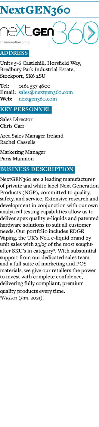 NextGEN360  Address Units 5-6 Castlehill, Horsfield Way, Bredbury Park Industrial Estate, Stockport, SK6 2SU Tel: 016   