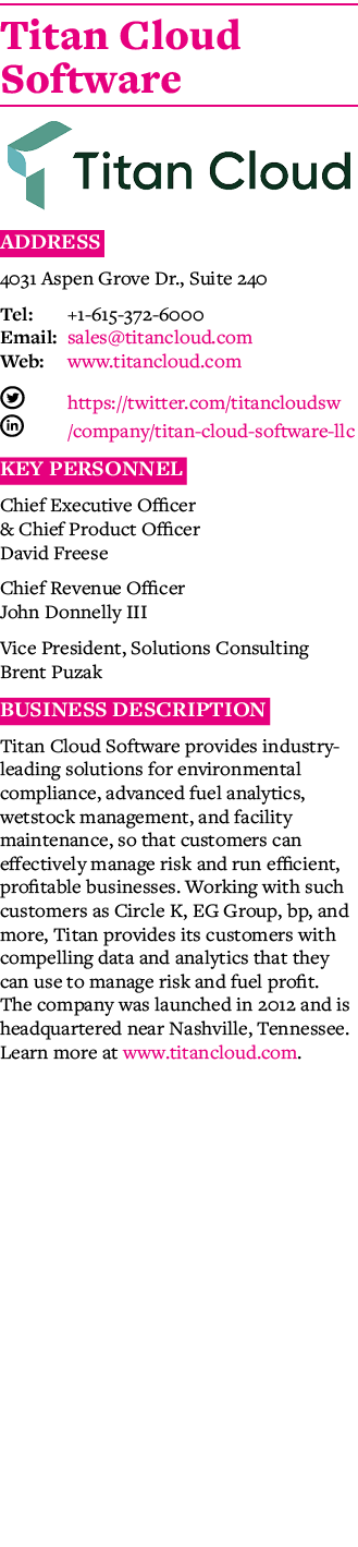 Titan Cloud Software  Address 4031 Aspen Grove Dr , Suite 240 Tel: +1-615-372-6000 Email: sales titancloud com Web: w   
