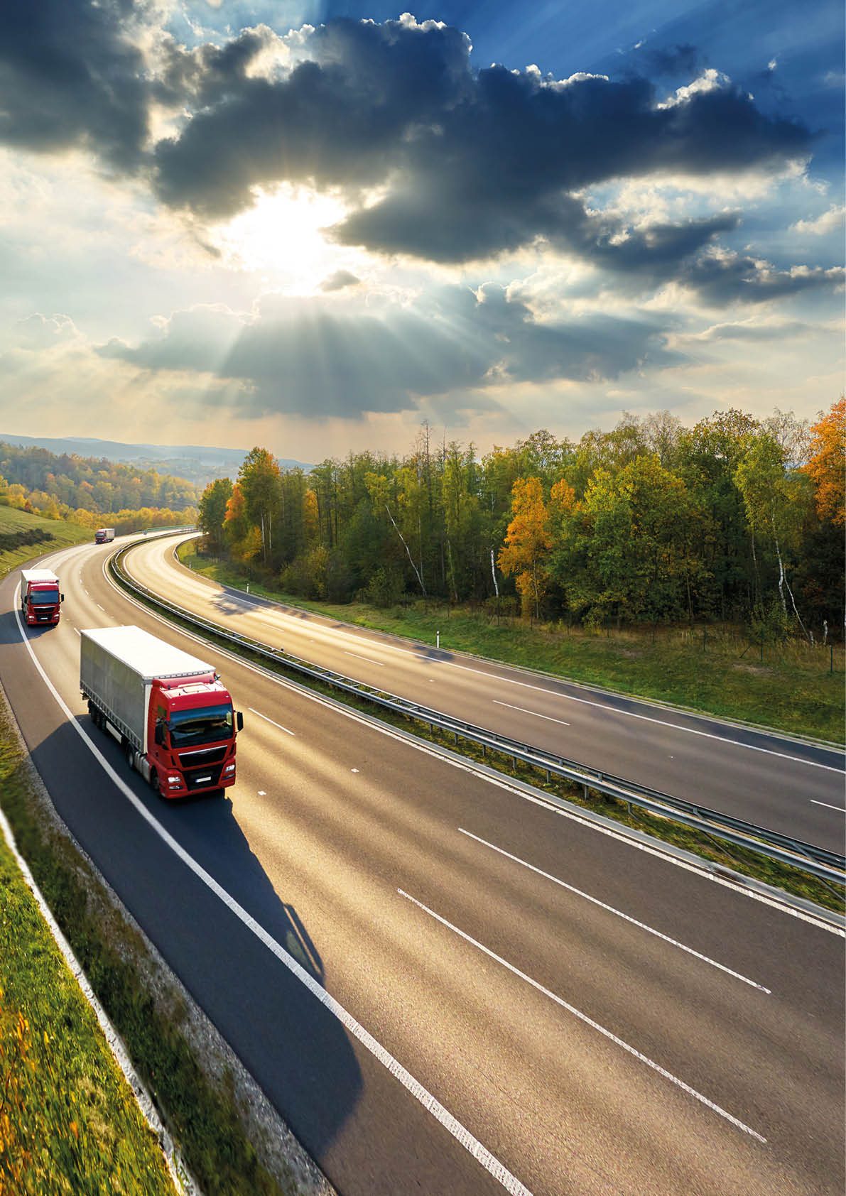 Three red trucks driving on the asphalt highway between deciduous forest in autumn colors under the rays of the sunset and dramatic clouds  View from above                                