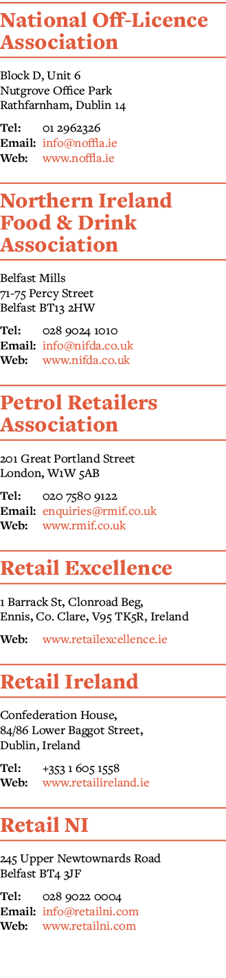 National Off-Licence Association Block D, Unit 6 Nutgrove Office Park Rathfarnham, Dublin 14 Tel: 01 2962326 Email: i   