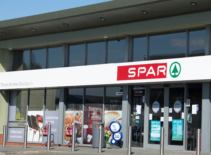 Blackburn, Lancashire UK - April 11th 2019: SPAR shop on petrol forecourt, Preston Old Road