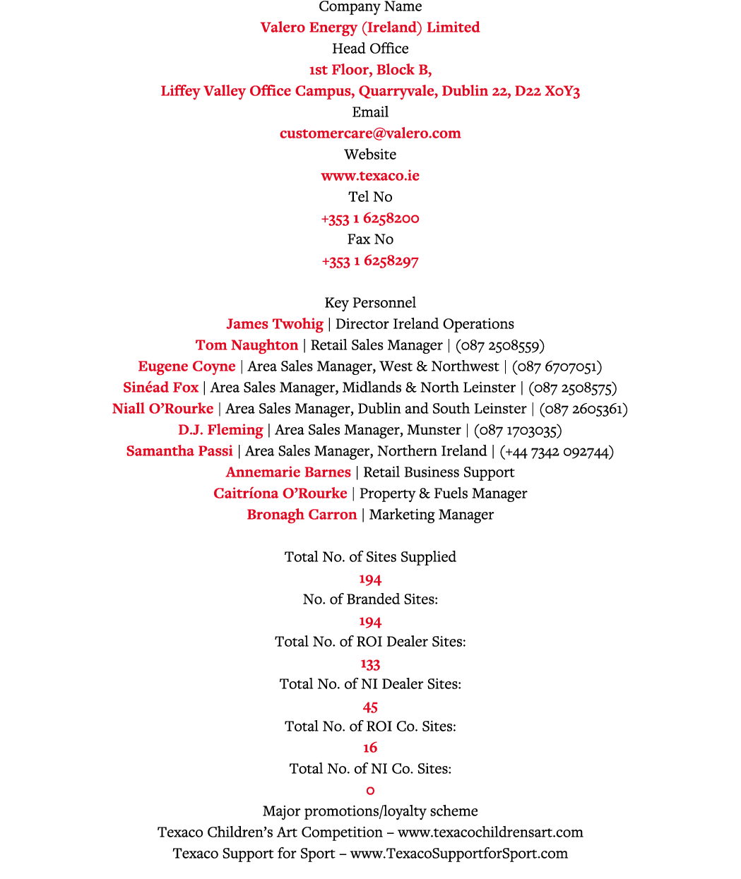 Company Name Valero Energy (Ireland) Limited Head Office 1st Floor, Block B, Liffey Valley Office Campus, Quarryvale,   