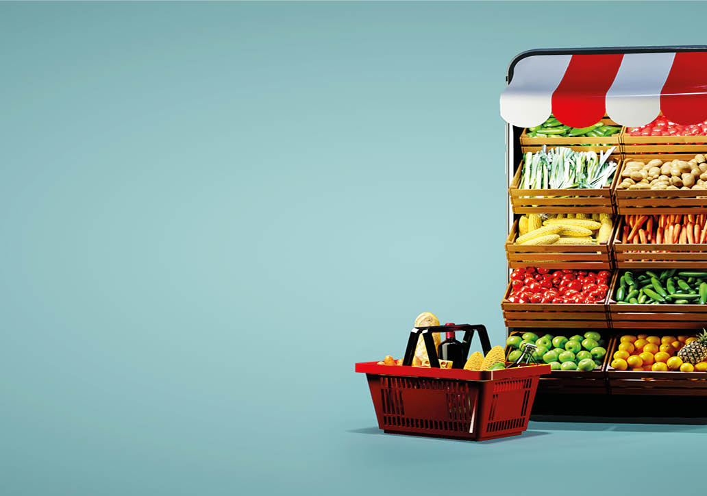 Service for delivery app  Food market in smartphone  Online shop  Food delivery background concept  Online shop in your smartphone  Shopping cart 