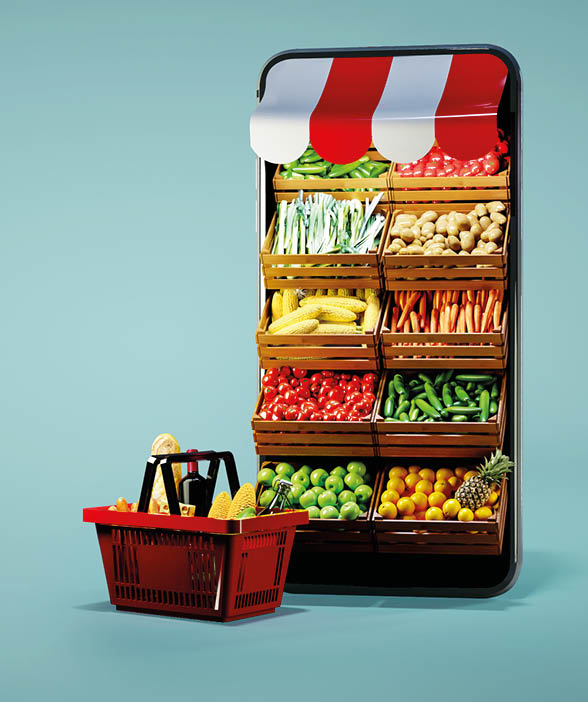 Service for delivery app  Food market in smartphone  Online shop  Food delivery background concept  Online shop in your smartphone  Shopping cart 