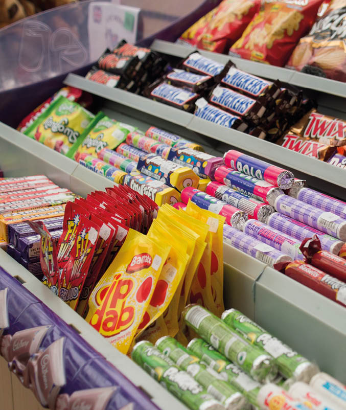 London, UK - April 2019 : Range of branded sweets on display in a shop