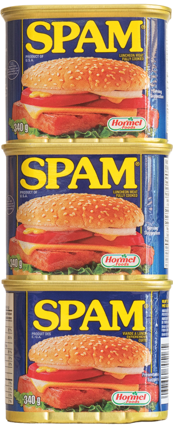 MONTREAL, QUEBEC,  CANADA - June 25th, 2018: three stacked tin cans of Spam luncheon ham meat  A very popular meal around the world 