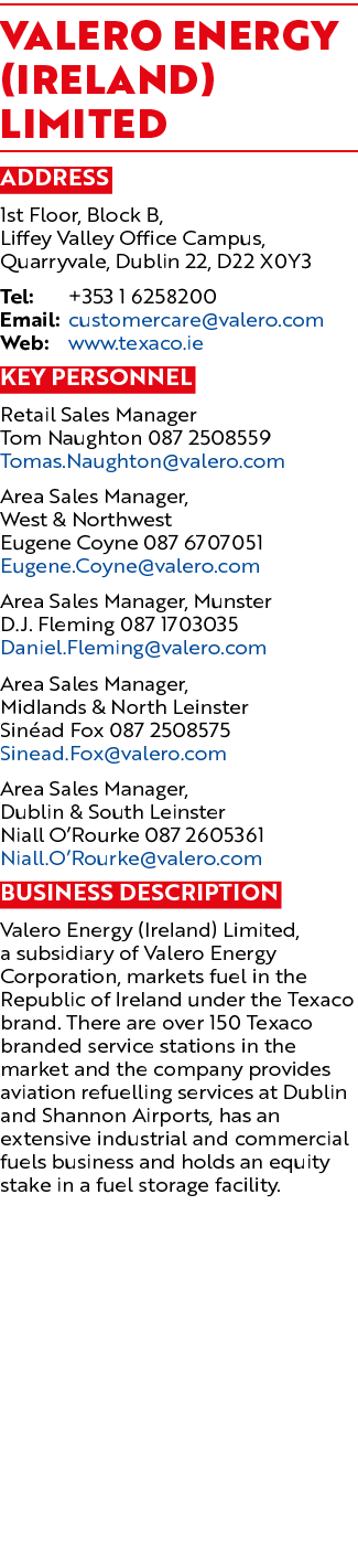 Valero Energy (Ireland) Limited Address 1st Floor, Block B, Liffey Valley Office Campus, Quarryvale, Dublin 22, D22 X   