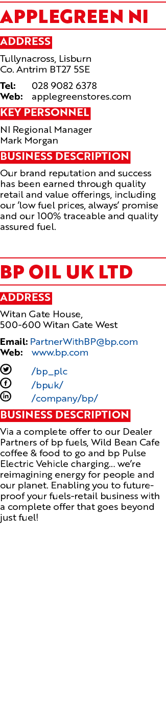 Applegreen NI Address Tullynacross, Lisburn Co  Antrim BT27 5SE Tel: 028 9082 6378 Web: applegreenstores com Key Pers   