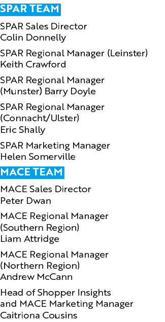 SPAR Team SPAR Sales Director  Colin Donnelly  SPAR Regional Manager (Leinster)  Keith Crawford SPAR Regional Manager   