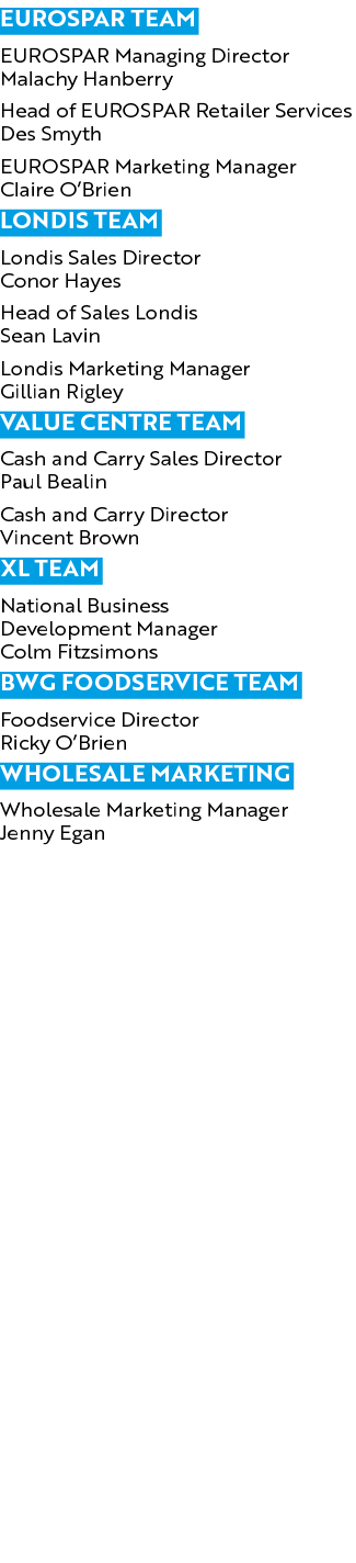 EUROSPAR Team EUROSPAR Managing Director  Malachy Hanberry Head of EUROSPAR Retailer Services  Des Smyth EUROSPAR Mar   
