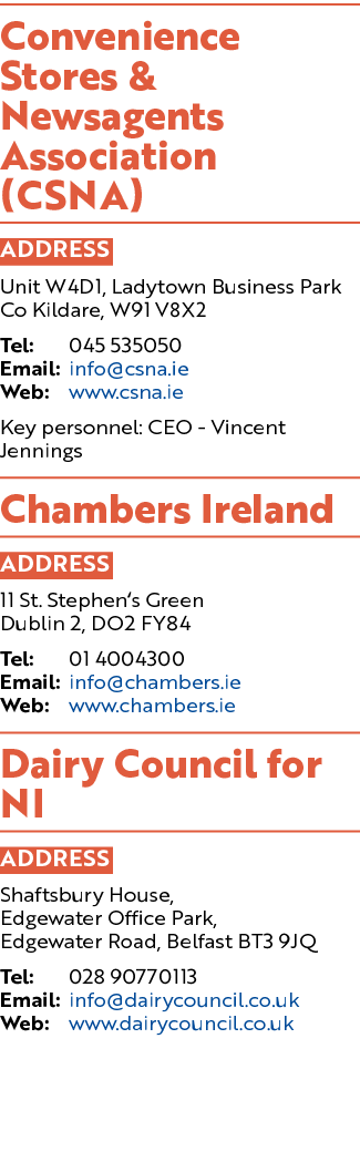Convenience Stores & Newsagents Association (CSNA) ADDRESS Unit W4D1, Ladytown Business Park Co Kildare, W91 V8X2 Tel   