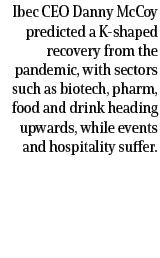 Ibec CEO Danny McCoy predicted a K-shaped recovery from the pandemic, with sectors such as biotech, pharm, food and d   