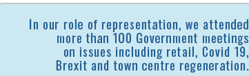 In our role of representation, we attended more than 100 Government meetings on issues including retail, Covid 19, Br   