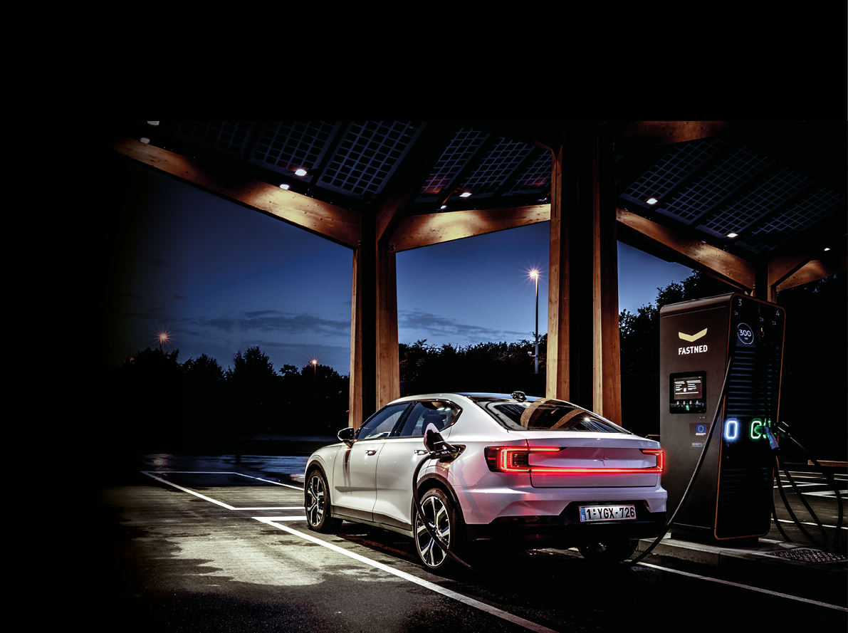 Zaventem, Flanders - August 15 2021: Polestar 2 charging at night at new Fastned charging station