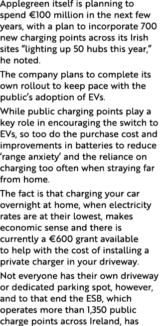 Applegreen itself is planning to spend  100 million in the next few years, with a plan to incorporate 700 new chargin   