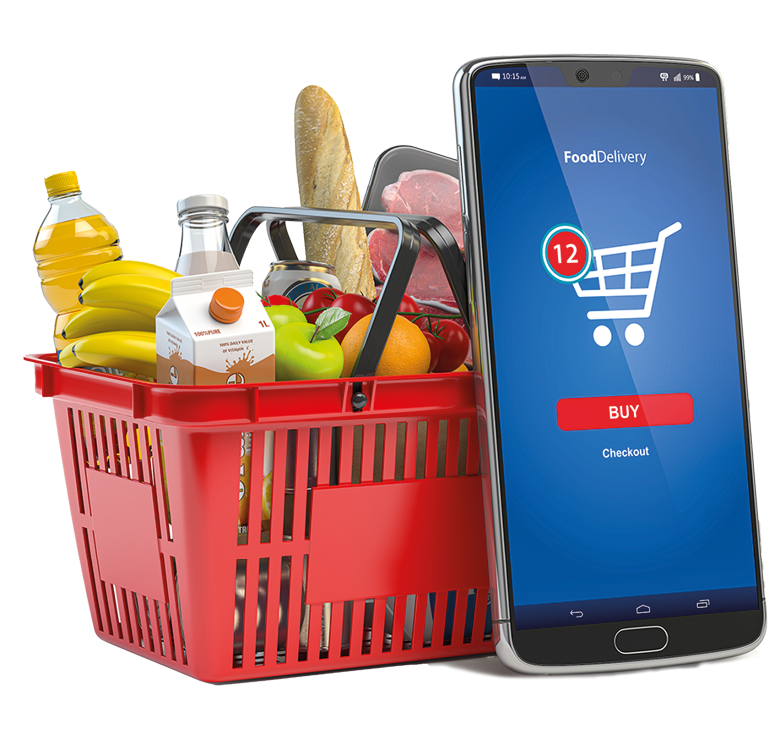 Shopping basket with fresh food isolated on white  Grocery supermarket, food and eats online buying and delivery concept  3d illustration