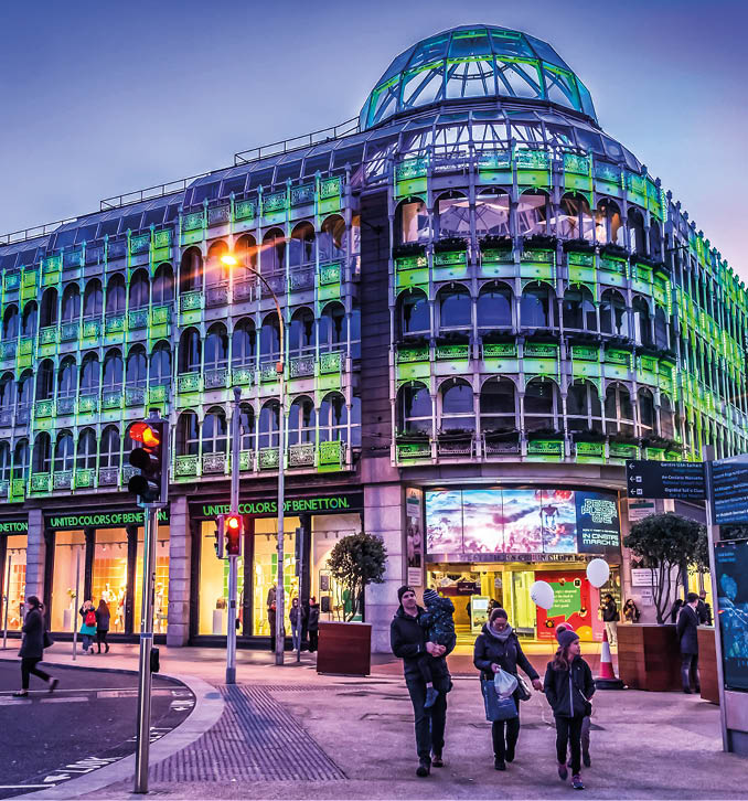 Dublin, Ireland, March 2018, outside Stephen's Green Shopping Center at dusk