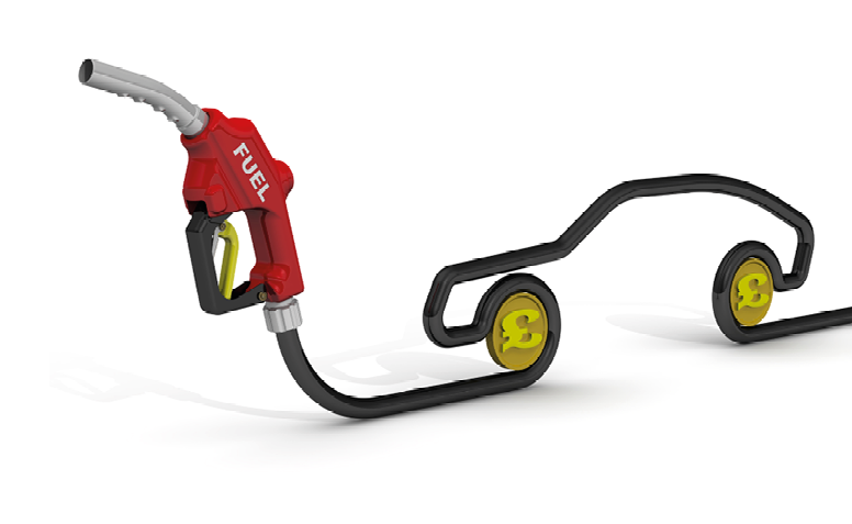 The costs of car fuel (British pound sterling)  Car fuel nozzle, the hose in the form of the car symbol and coins of the British pound sterling on a white surface  Isolated  3D Illustration