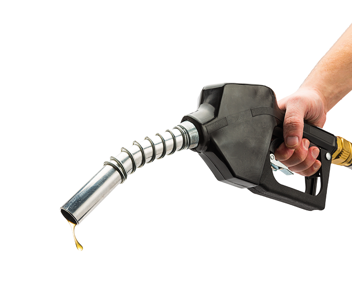 Fuel pump nozzle with a golden drop of gas isolated on white background