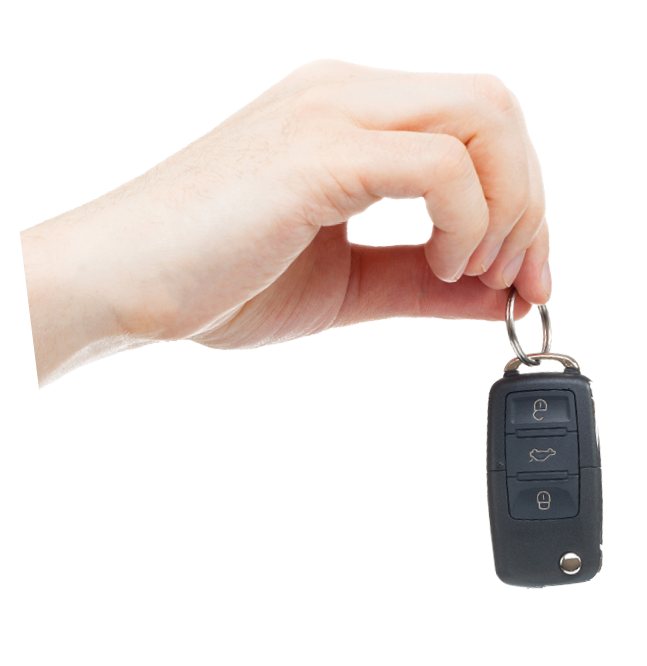 Male hand giving car keys - studio shot over white background
