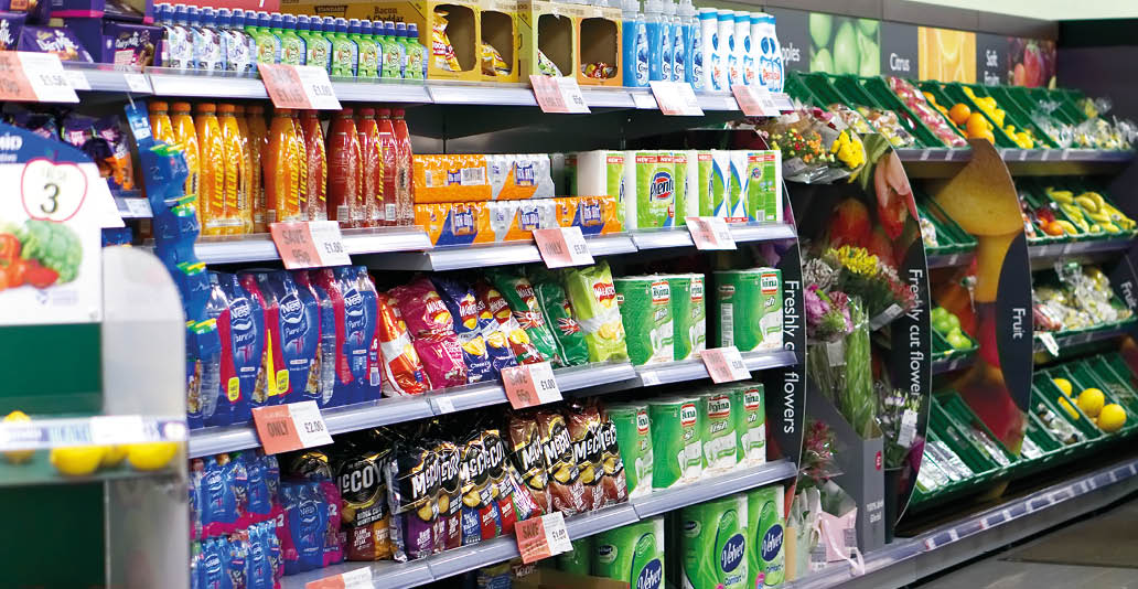 WEST CALDER, SCOTLAND, UK - AUGUST 24, 2017  A supermarket food aisle at  Scotmid Co-operative supermarket 