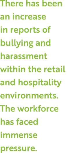 There has been an increase in reports of bullying and harassment within the retail and hospitality environments  The    