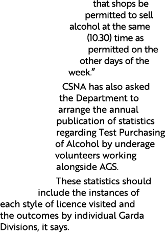 that shops be permitted to sell alcohol at the same (10 30) time as permitted on the other days of the week   CSNA ha   
