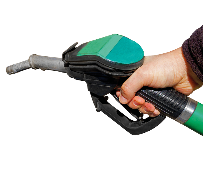 Man holding a fuel nozzle, isolated on white background