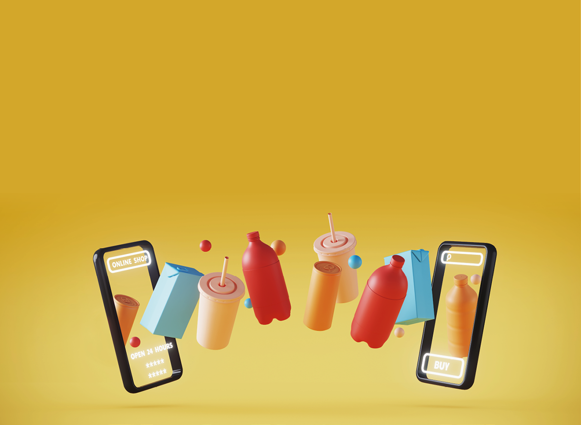 Minimal background for online shopping and digital marketing concept  Mobile phone with item of  grocery on yellow background  3d rendering illustration  Clipping path of each element included 