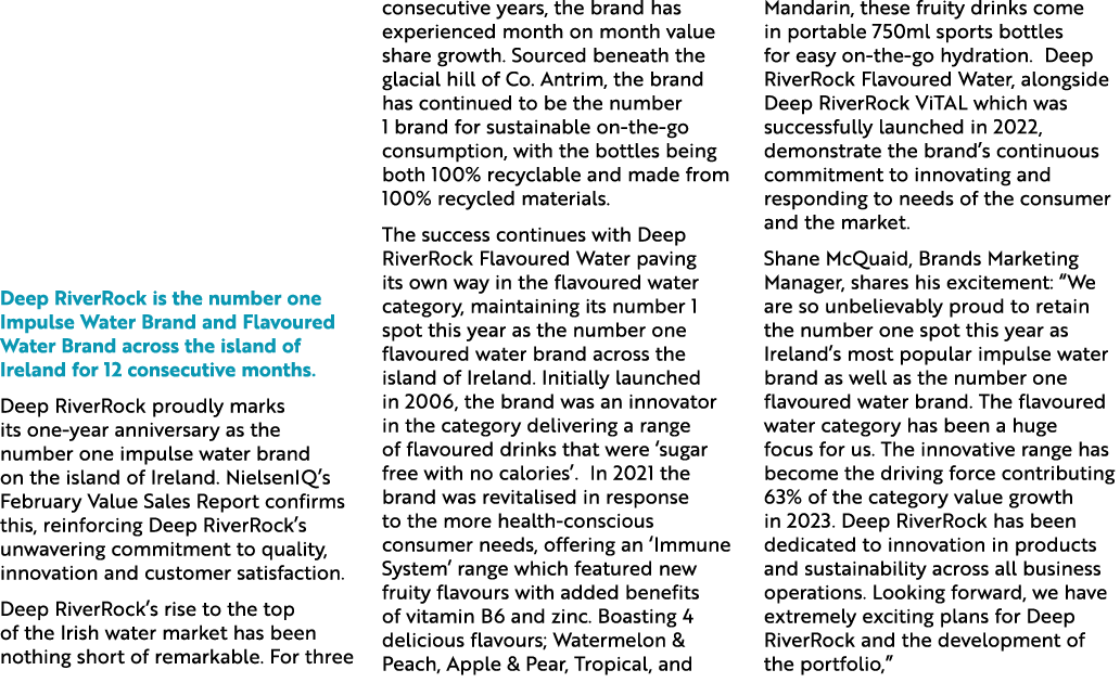 Deep RiverRock is the number one Impulse Water Brand and Flavoured Water Brand across the island of Ireland for 12 co...