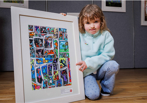 ***FREE TO USE IMAGE - NO REPRODUCTION FEE*** Third prize in Category F – the youngest age group in the 2024 Texaco Children's Art Competition – was won by Cork student, Sofia-May Kenefick (age 6), a pupil at Blarney Street C.B.S., for her work entitled ‘The Emotion Picture’. Sofia-May is pictured with her prize-winning artwork at a function to announce the top winners held in Dublin. Photo Credit (Mac Innes Photography/Peter Houlihan)