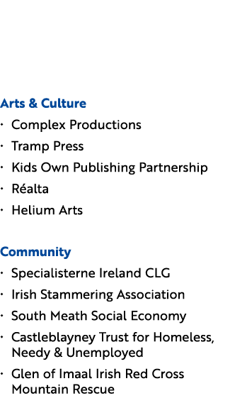 The 35 National Lottery Good Causes Awards finalists are below: Arts & Culture • Complex Productions • Tramp Press • ...