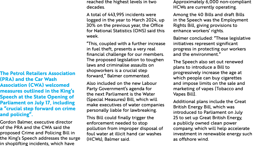 The Petrol Retailers Association (PRA) and the Car Wash Association (CWA) welcomed measures outlined in the King’s Sp...